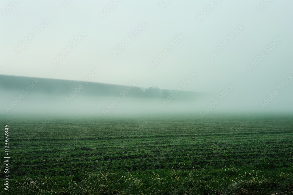 Aufkleber misty morning landscape with sunlight illuminating a foggy field and trees in the background at dawn