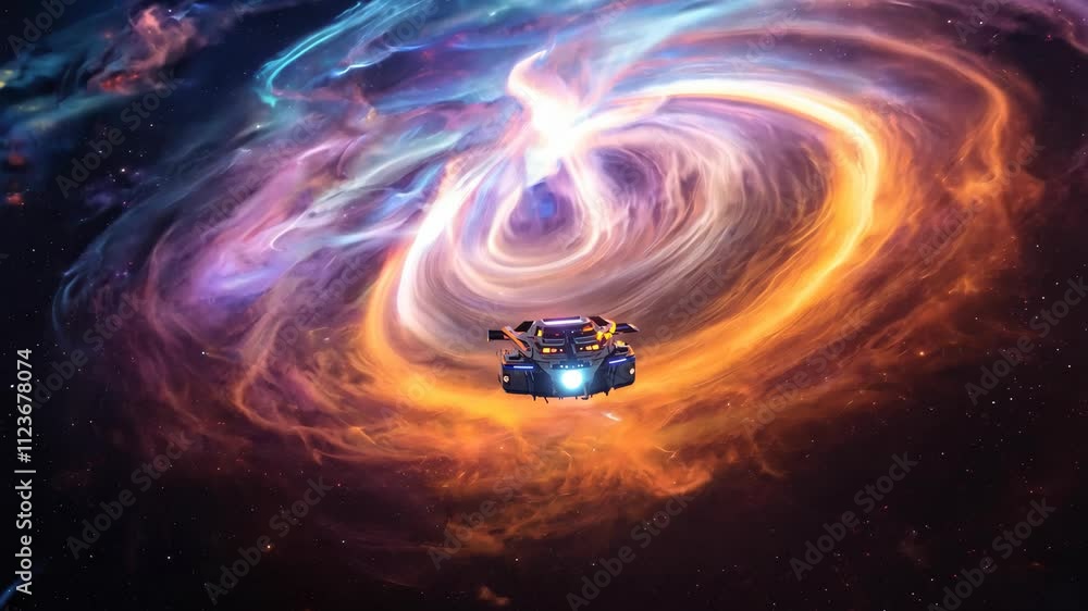 Poster exploring a vibrant cosmic swirl with a futuristic spacecraft in deep space