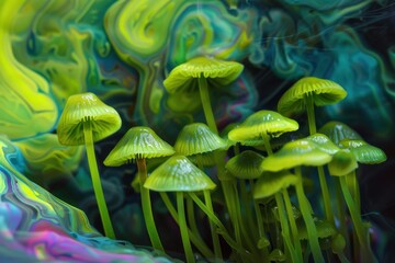 Colorful display of neon mushrooms in a vibrant abstract background showcasing creativity and nature