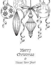 Fototapeta premium Vintage Vector illustration Marry Christmas and happy new year with balls, toys, ribbons. Black white Hand drawn elements. Background for design holiday decor, decoration, greeting card, cover, poster