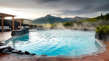 Obraz premium Serene Geothermal Hot Spring Pool Surrounded by Lush Greenery, Majestic Mountains, and Wooden Pergolas, with Gentle Steam Rising from the Vibrant Turquoise Water