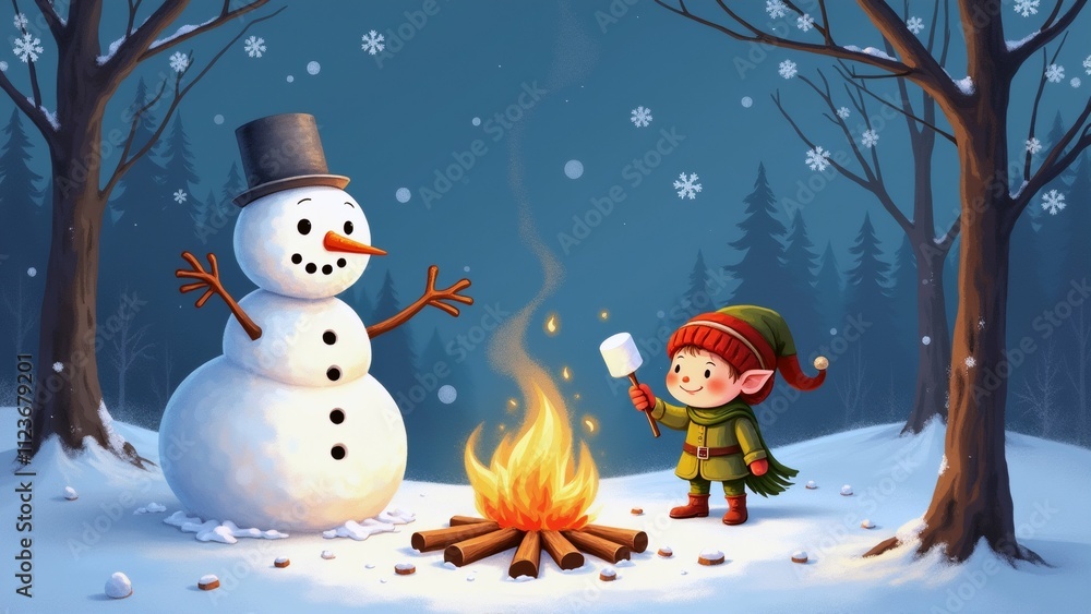Poster the image shows a winter scene with a snowman and a little elf in the foreground. the snowman is sta