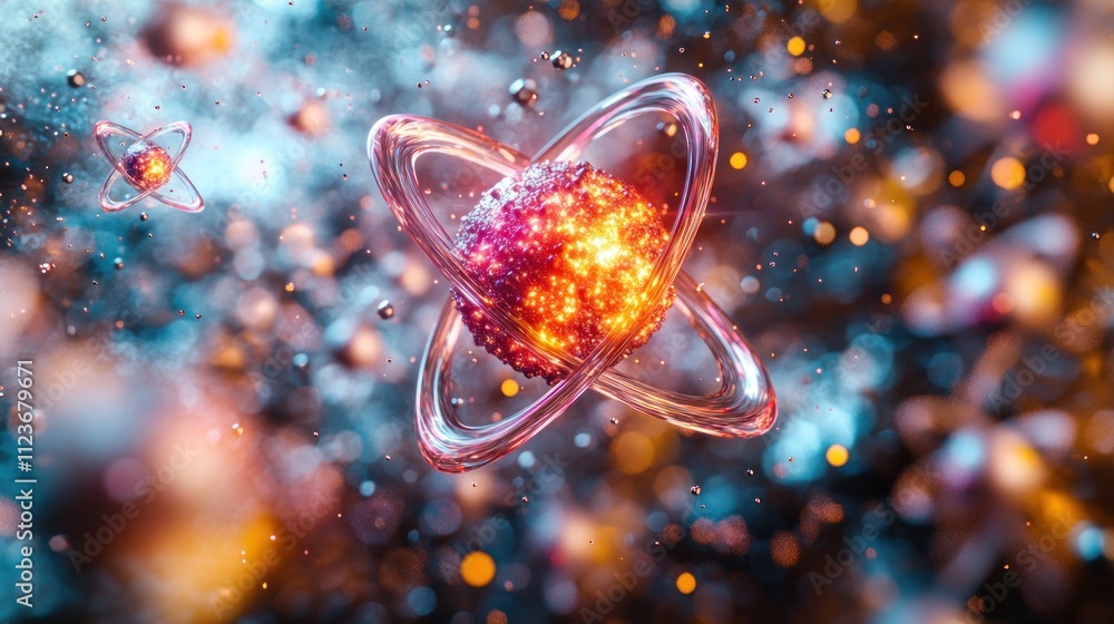 Poster abstract representation of atoms with glowing particles and energy.