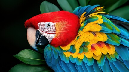 Obraz premium A vibrant bird in sharp focus against a dark backdrop, featuring a lush green leaf in the foreground