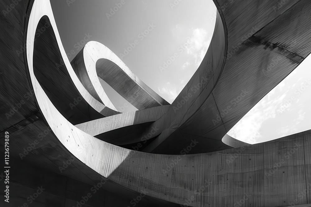 Poster architectural curves showcase innovative design against a cloudy sky in a modern urban setting