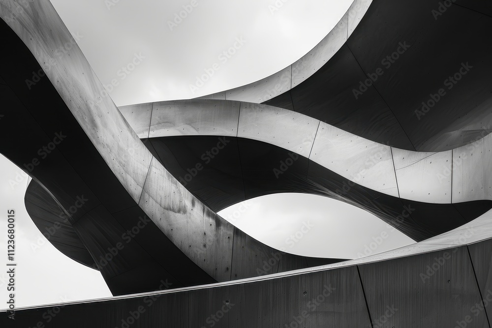 Poster architectural curves showcase innovative design against a cloudy sky in a modern urban setting