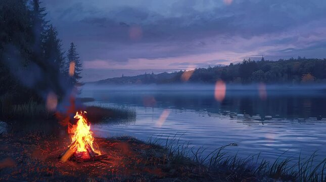 Bonfire by lake at night with glowing light under starry sky, peaceful atmosphere
Seamless looping 4k time-lapse virtual video animation Generated AI