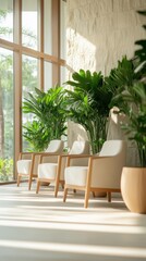 Fototapeta premium Natural Luxury: Sunlit Eco-Friendly Hotel Lobby with Indoor Plants and Wood Furnishings