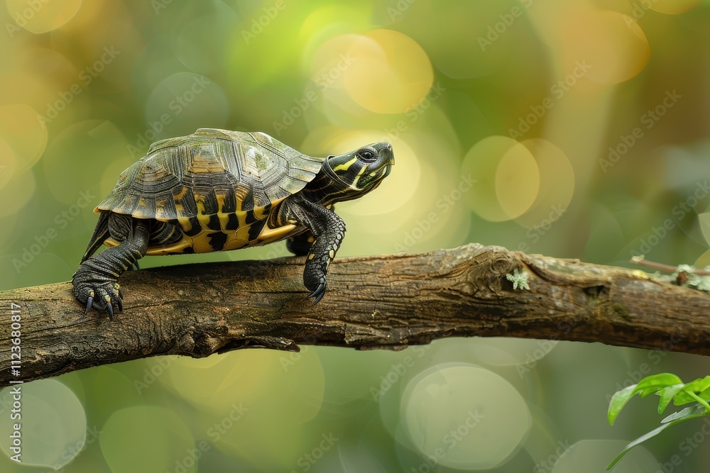Aufkleber Colorful turtle perched on a branch in a lush forest with glowing bokeh background captured during early morning light