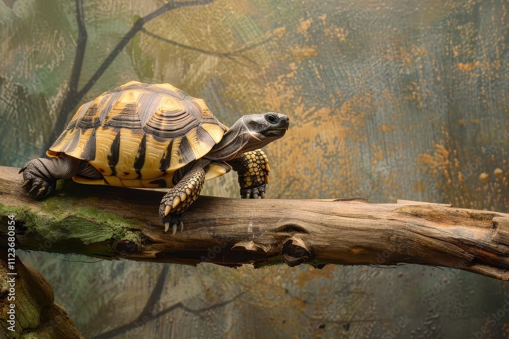 Poster Colorful turtle perched on a branch in a lush forest with glowing bokeh background captured during early morning light