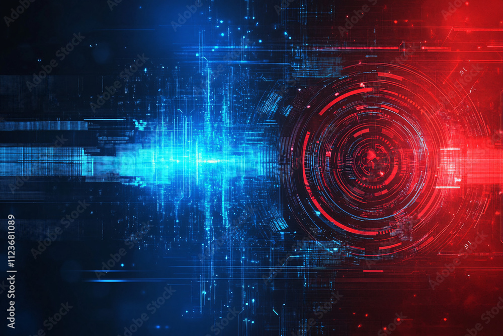 Poster red and blue glowing tech circuits with futuristic digital design and intricate connections forming 