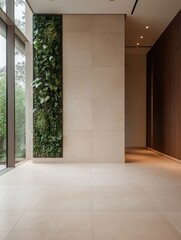 Fototapeta premium Sustainable Luxury: Elegant Green Building Lobby with Stone Flooring, Vertical Garden & Soft Daylight