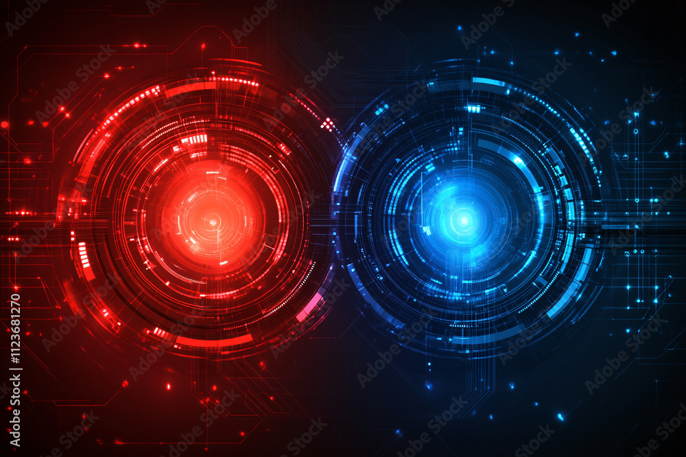 Poster dual red and blue glowing digital cores surrounded by intricate circuitry and futuristic design elem