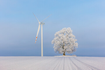 Winter landscape with single tree and power turbine