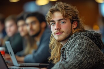 Students engaged in investment discussions with laptops in a collaborative environment