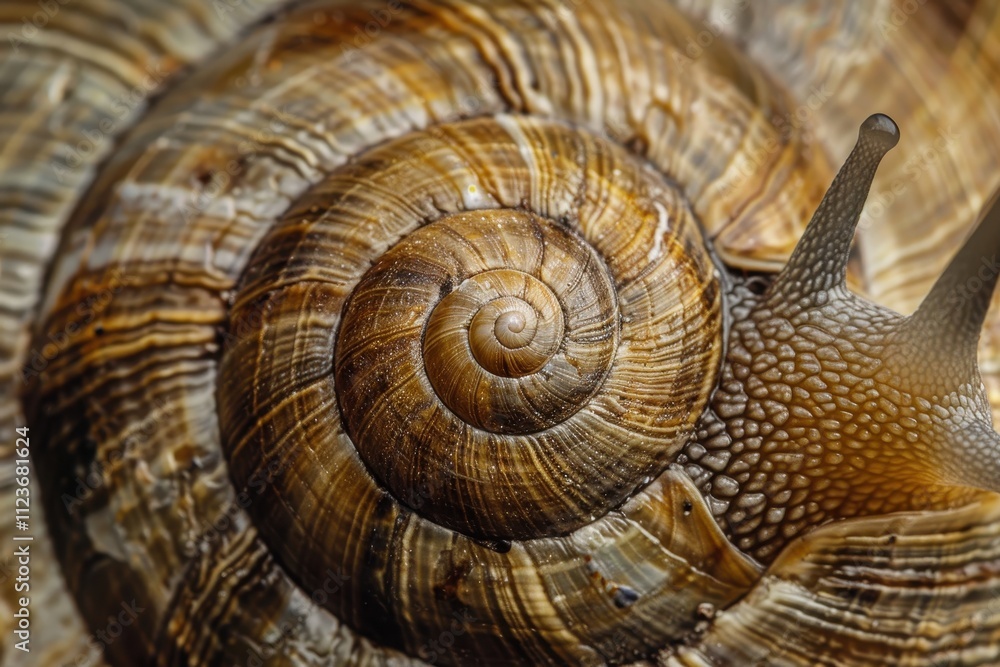 Poster Detailed close-up of a spiral-shaped snail shell showcasing intricate patterns and textures under natural light