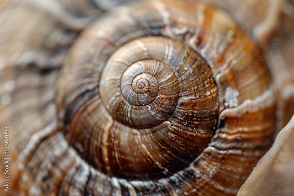 Poster Detailed close-up of a spiral-shaped snail shell showcasing intricate patterns and textures under natural light