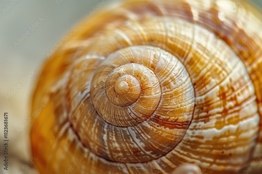 Poster Detailed close-up of a spiral-shaped snail shell showcasing intricate patterns and textures under natural light