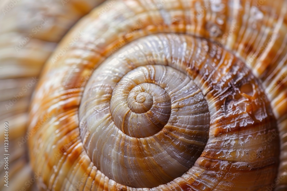 Poster Detailed close-up of a spiral-shaped snail shell showcasing intricate patterns and textures under natural light