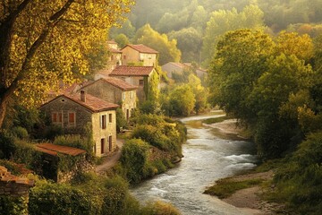 Obraz premium Stone houses, autumn leaves, river, tranquil village scene.