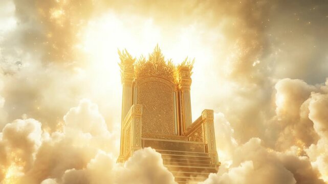 majestic golden throne of god in heaven in the sky surrounded white clouds and divine light. Second coming of Jesus Christ.