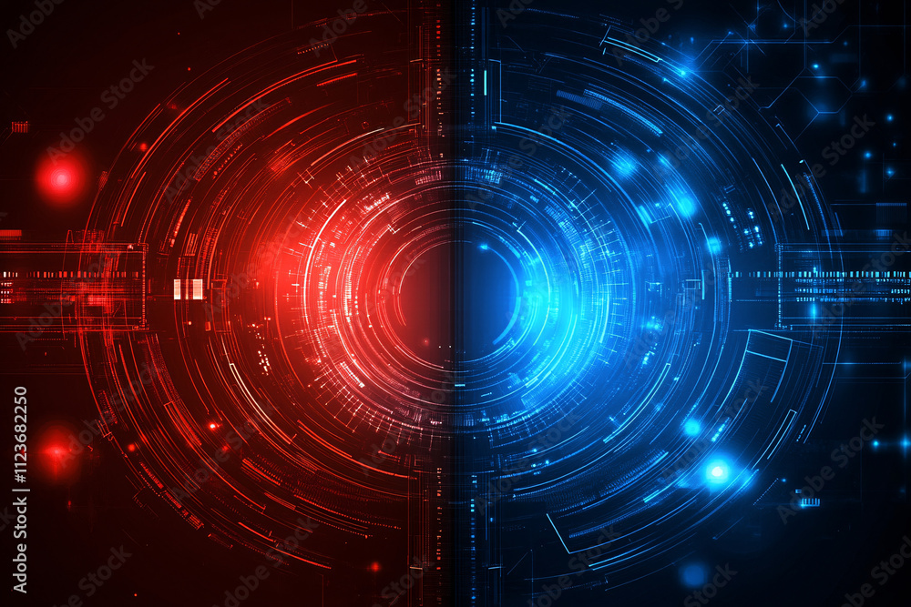 Poster symmetrical glowing red and blue digital rings with intricate lines and futuristic elements creating