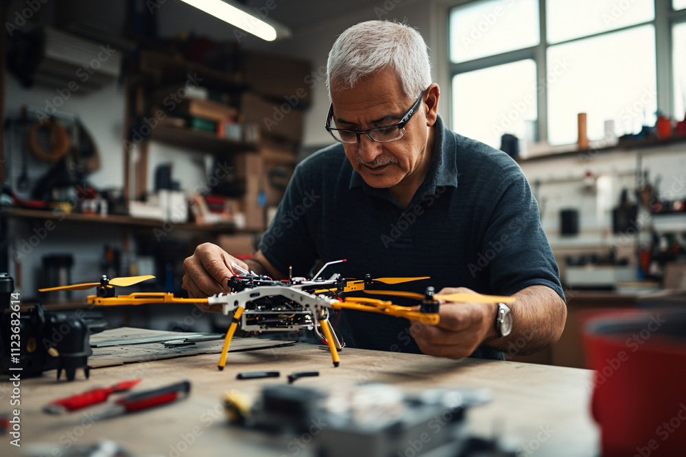 Poster a hispanic senior man focuses intently on assembling a drone in a workshop filled with tools and equ