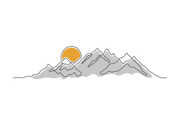 Mountains and sun - continuous line drawing. One line mountain range landscape background. Rocky peaks in simple linear style. Minimalist illustration of sunset in the mountains.
