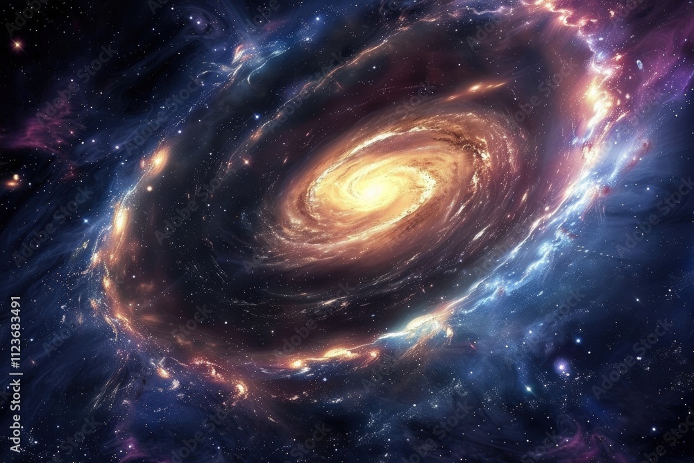 Poster swirling galaxy with vibrant colors and intricate patterns visible in deep space filled with stars a