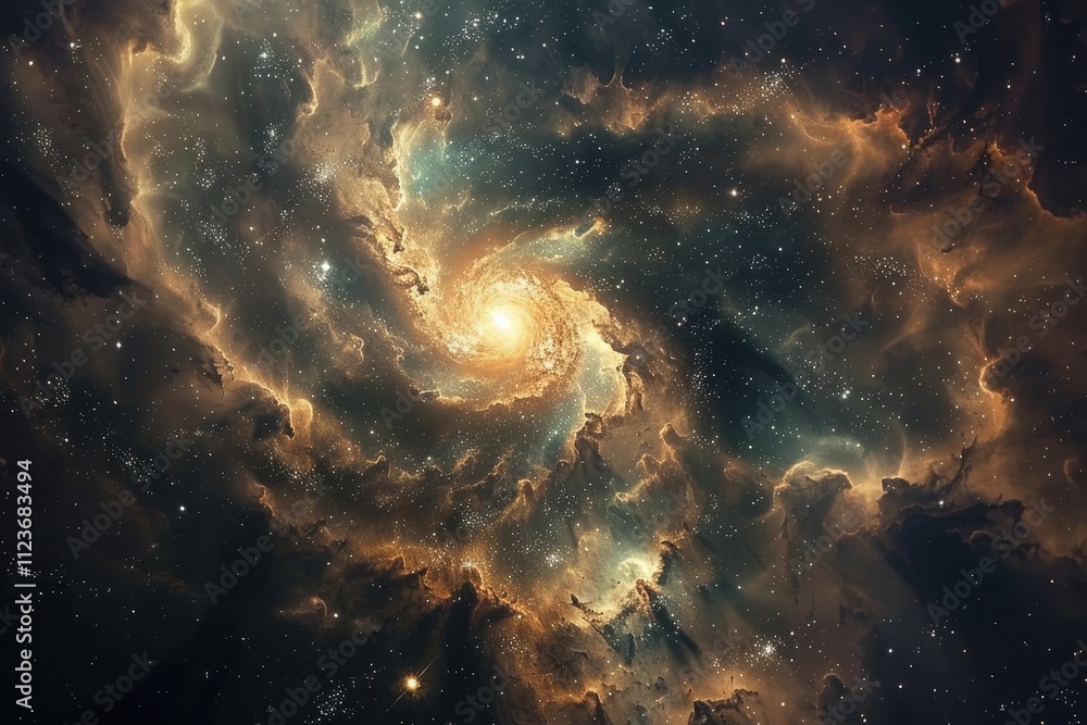 Poster swirling galaxy with vibrant colors and intricate patterns visible in deep space filled with stars a