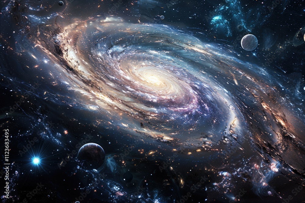 Poster swirling galaxy with vibrant colors and intricate patterns visible in deep space filled with stars a