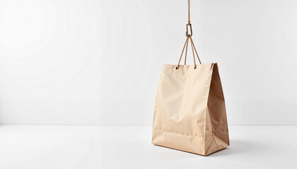 Creative display of a brown paper bag suspended in a minimalistic setting evokes thoughts of shopping and simple elegance