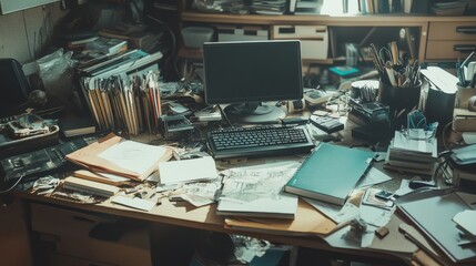 Fototapeta premium Cluttered Office Desk with Papers, Laptop, and Office Supplies