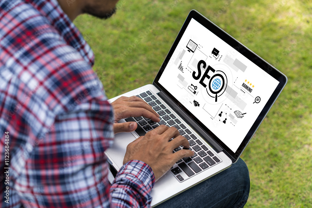 Aufkleber seo search engine optimization for modish e-commerce and online retail business showing on computer 