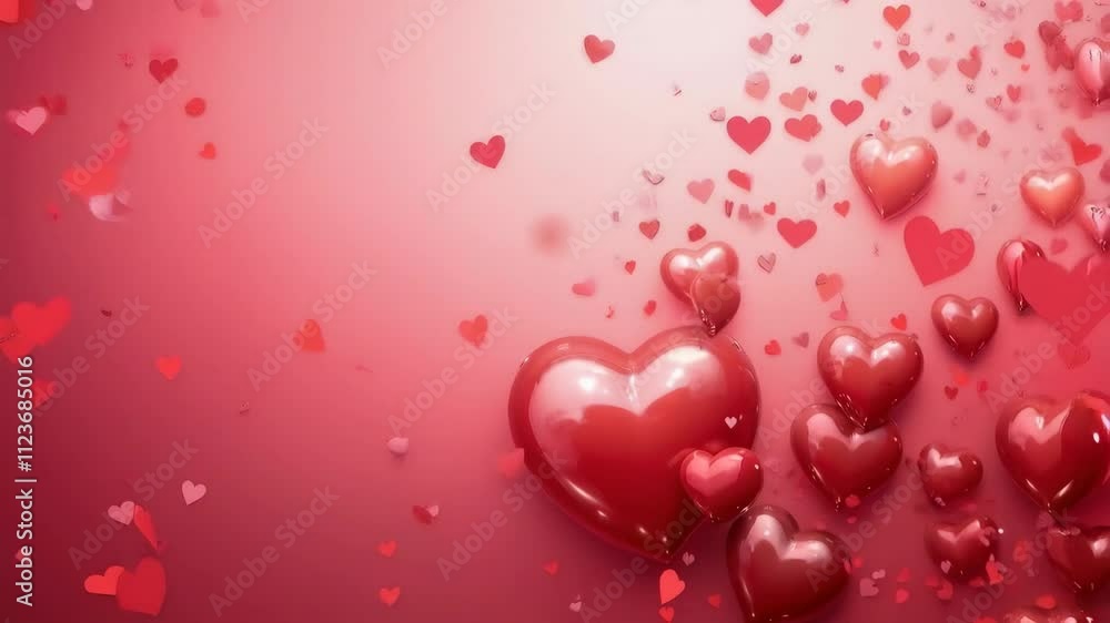 Poster a red background with many hearts scattered around it. the hearts are of different sizes and are pla