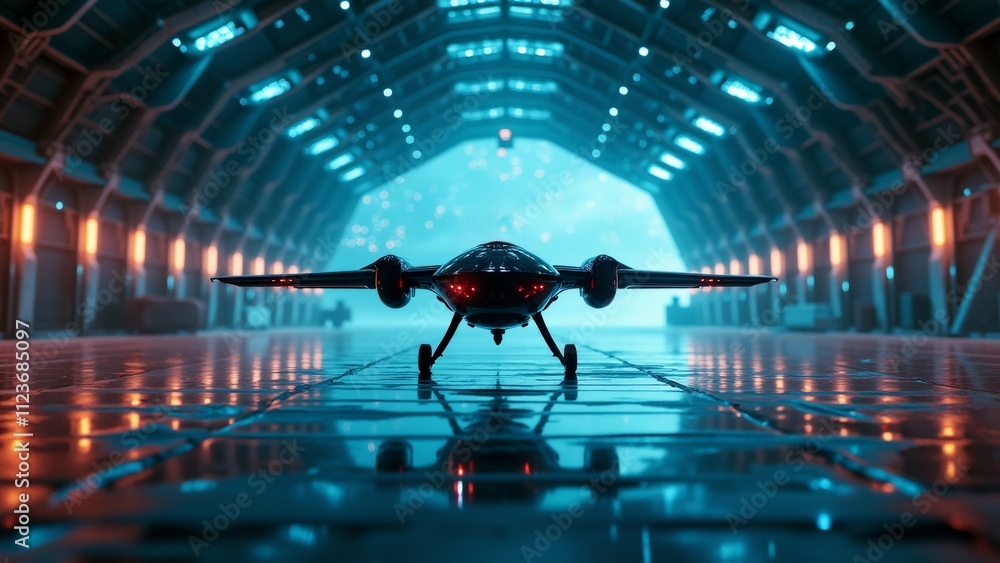 Poster the image shows a futuristic spaceship with a red and blue color scheme.