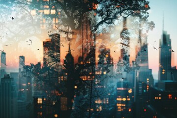 Fototapeta premium City skyline bathed in warm sunlight with clouds drifting over a serene landscape at sunset