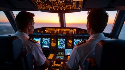 The image shows two pilots sitting in the cockpit of an airplane at sunset. They are both wearing white uniforms with gold epaulettes and are facing the front of the cockpit.