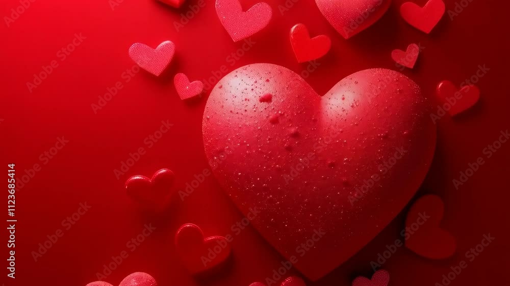 Poster a red background with many hearts on it. the hearts are all different sizes and are scattered around