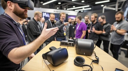 Game developer passionately presenting new game features to a group of intrigued colleagues, showcasing innovation and creativity in the gaming industry.