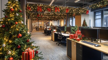 Obraz premium Modern Workspace Celebrating Christmas with Warm Lights