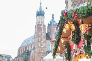 Rozhdestvenskaya fair with scenery in the center in Krakow Poland