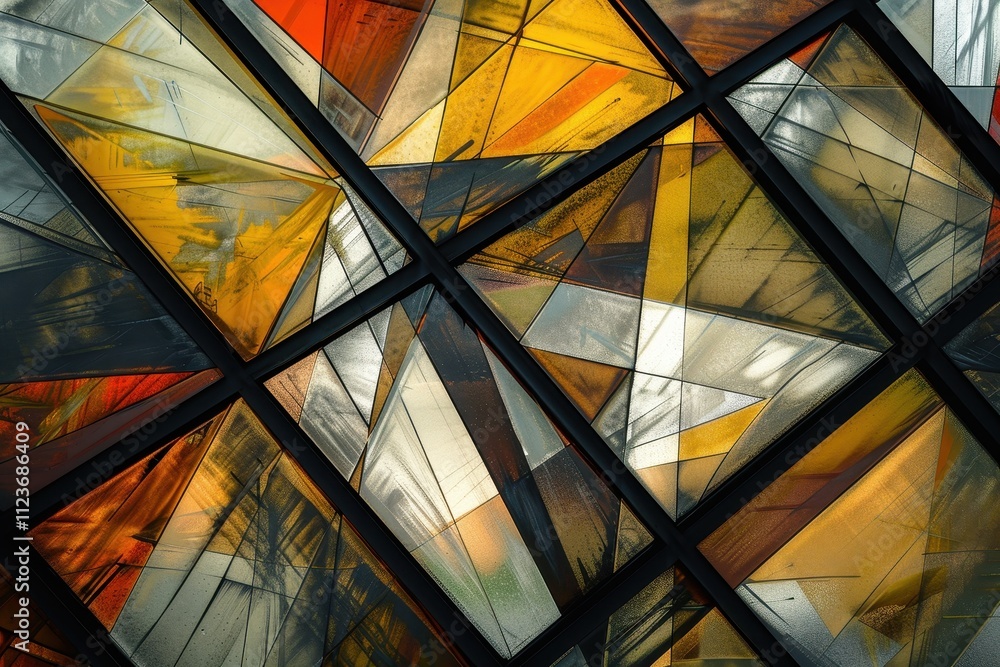 Poster modern architectural design showcases intersecting geometric patterns in urban setting during bright