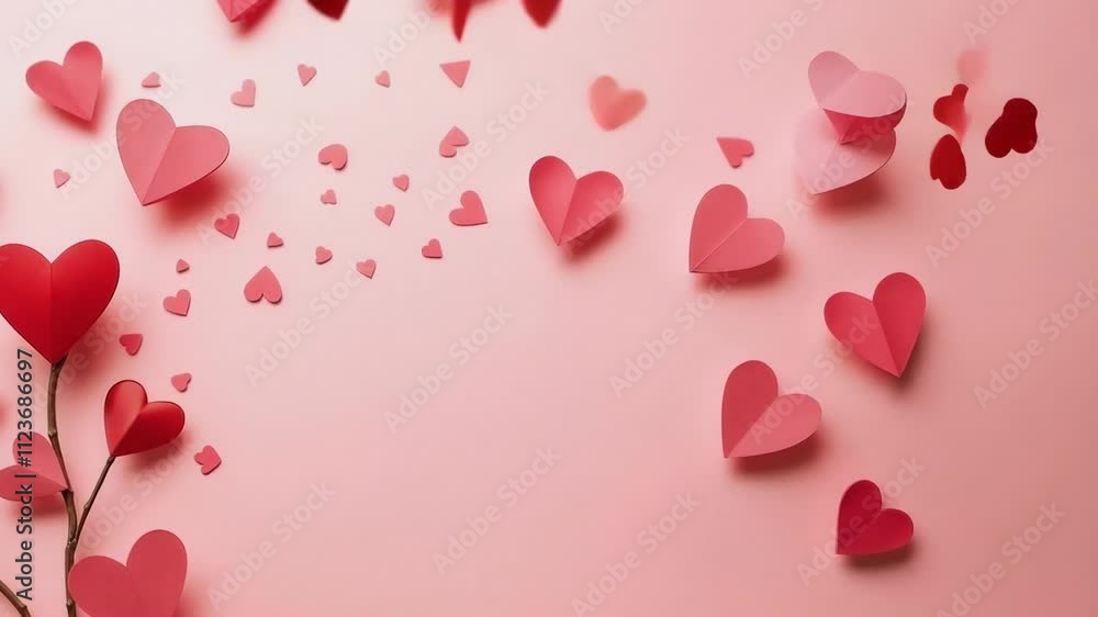 Poster a pink background with a bunch of red hearts scattered around it. the hearts are arranged in a way t