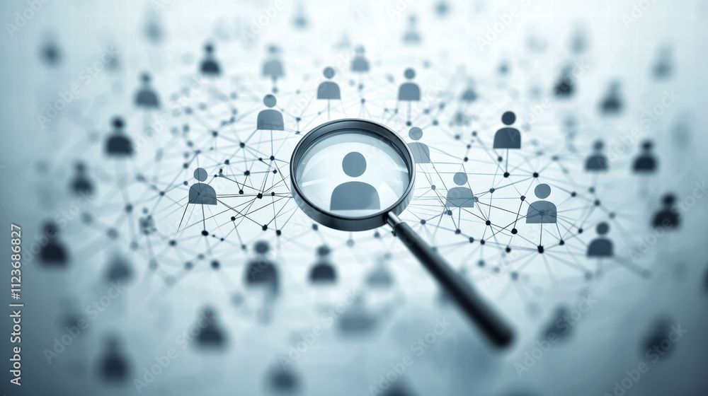 Poster magnifying glass focuses on person icon within network of interconnected people, symbolizing analysi