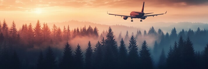 Fototapeta premium A plane flies over the forest sunset copy space
