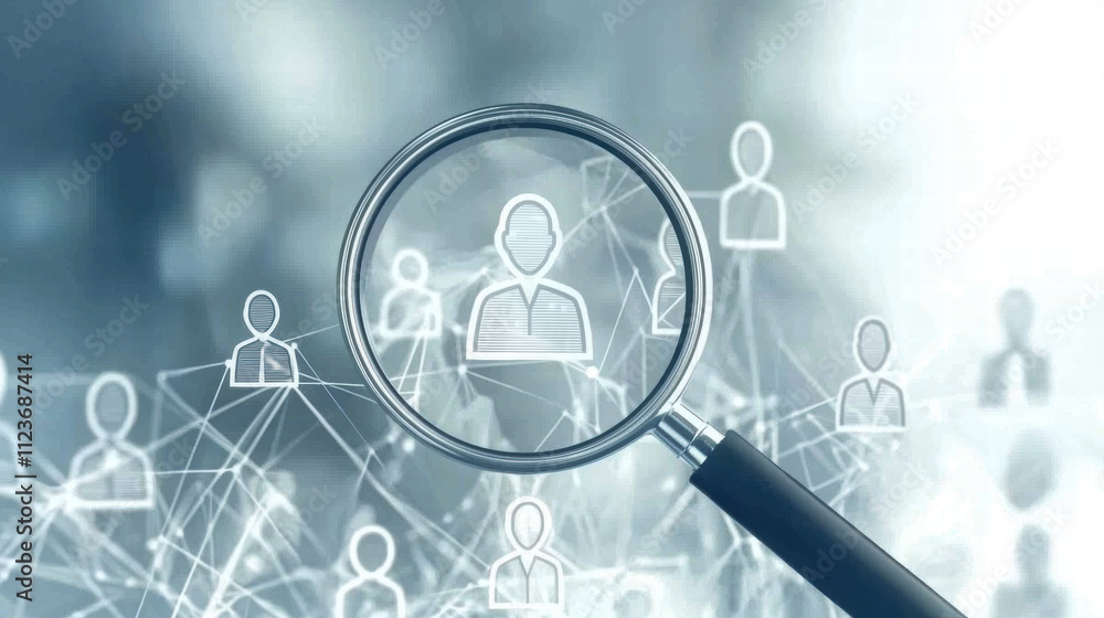 Poster magnifying glass focuses on network of user icons, symbolizing data analysis and connection