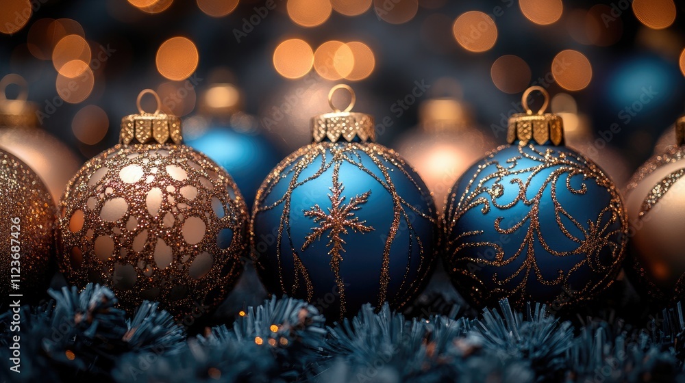 Poster christmas balls with golden decorations resting on blue tinsel with warm bokeh background
