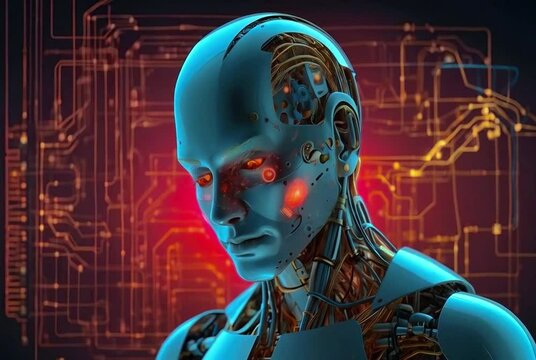 3d rendered illustration of a robot head, evil robot with red coded background speaking, artificial intelligence robot talking with evil intensions with red eyes, a cyborg generative AI