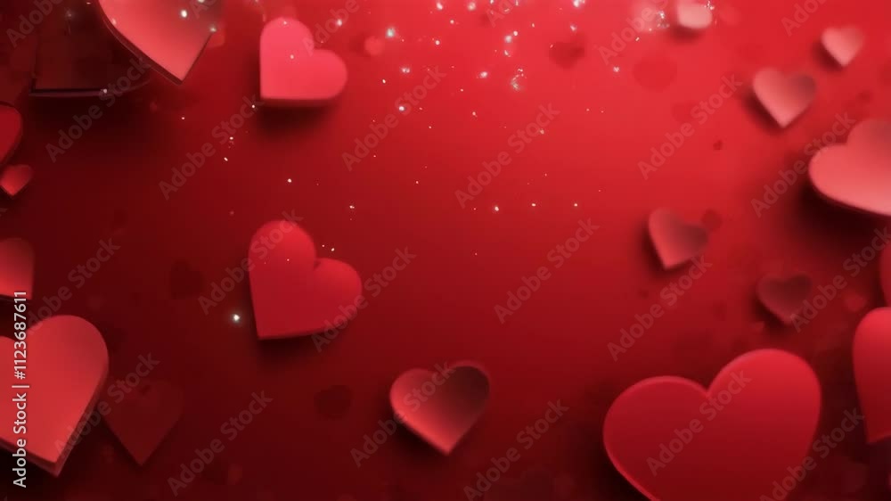 Poster A red background with many hearts scattered around it. The hearts are of different sizes and are placed in various positions. Concept of love and warmth